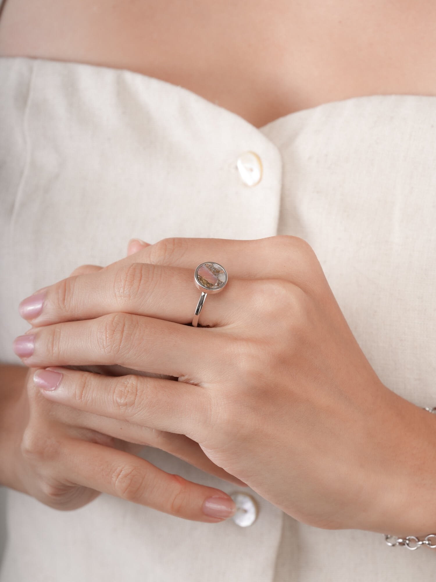 Pink Opal Copper Coin Spinner Ring in S925 Rhodium Vermeil Mondays Made
