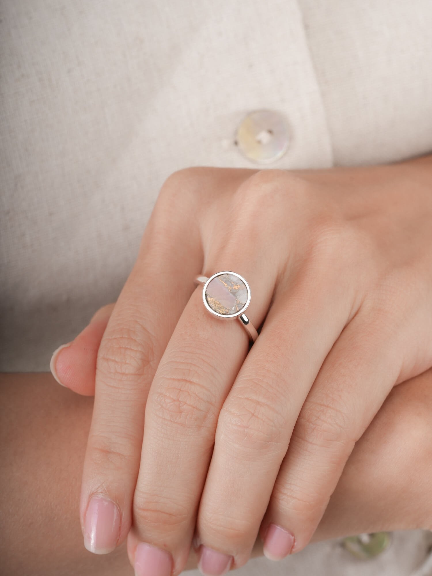 Pink Opal Copper Coin Spinner Ring in S925 Rhodium Vermeil Mondays Made